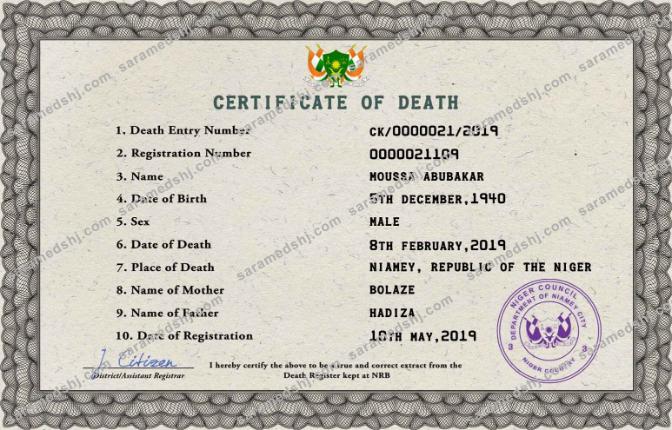 Niger death certificate PSD template
